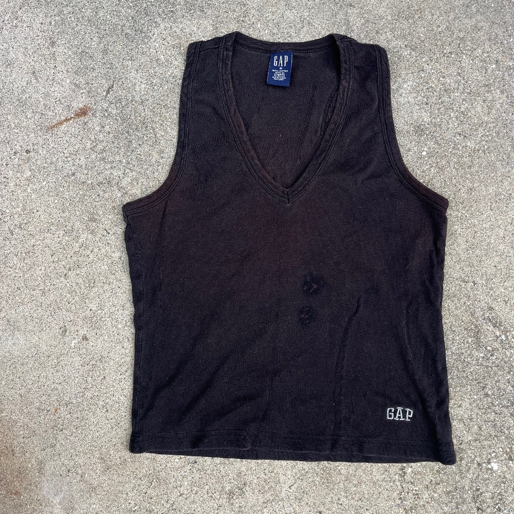 Vtg Gap tank top black 100 cotton xs v neck racerback cropped crop baby rib tee